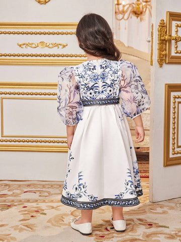 Young Girls' Adorable Floral Print Patchwork Mesh Perspective Sleeve Dress