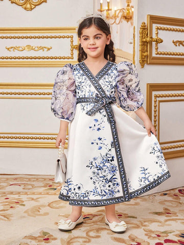 Young Girls' Adorable Floral Print Patchwork Mesh Perspective Sleeve Dress