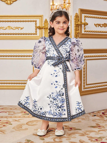 Young Girls' Adorable Floral Print Patchwork Mesh Perspective Sleeve Dress