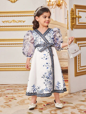Young Girls' Adorable Floral Print Patchwork Mesh Perspective Sleeve Dress