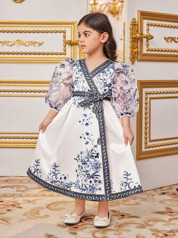 Young Girls' Adorable Floral Print Patchwork Mesh Perspective Sleeve Dress