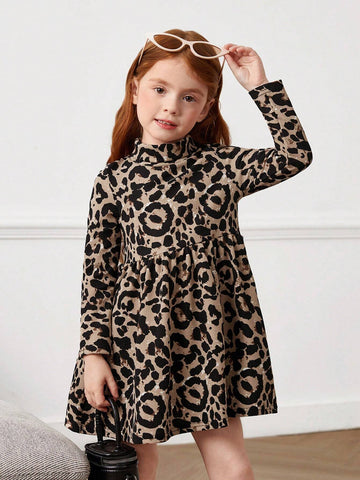Young Girls All-Match Plaid Print Mock Neck Dress Without Belt, Fall, Winter