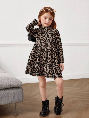 Young Girls All-Match Plaid Print Mock Neck Dress Without Belt, Fall, Winter