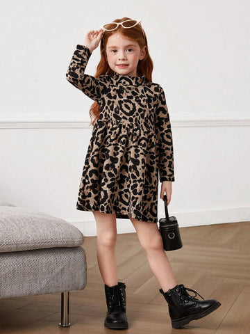 Young Girls All-Match Plaid Print Mock Neck Dress Without Belt, Fall, Winter