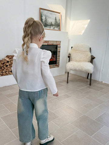 Young Girls And Toddler Girls Elegant Gigot Sleeve White Blouse, Suitable For Everyday Elegant Wear
