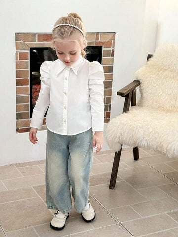 Young Girls And Toddler Girls Elegant Gigot Sleeve White Blouse, Suitable For Everyday Elegant Wear
