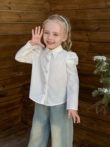 Young Girls And Toddler Girls Elegant Gigot Sleeve White Blouse, Suitable For Everyday Elegant Wear