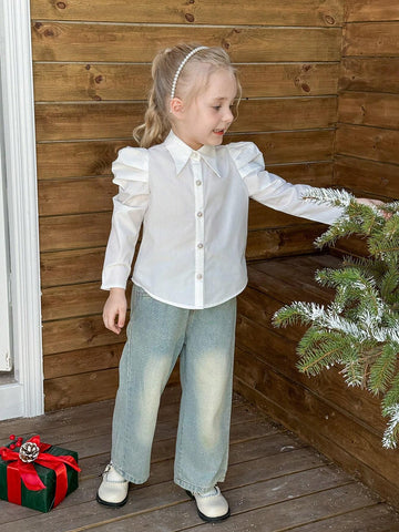 Young Girls And Toddler Girls Elegant Gigot Sleeve White Blouse, Suitable For Everyday Elegant Wear