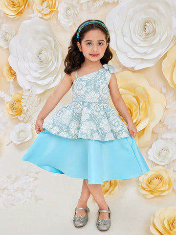 Young Girls' Asymmetrical Neckline Layered Color Block Sleeveless Summer Dress