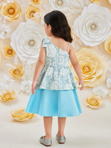 Young Girls' Asymmetrical Neckline Layered Color Block Sleeveless Summer Dress