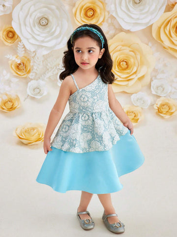 Young Girls' Asymmetrical Neckline Layered Color Block Sleeveless Summer Dress