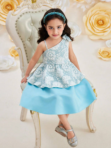 Young Girls' Asymmetrical Neckline Layered Color Block Sleeveless Summer Dress