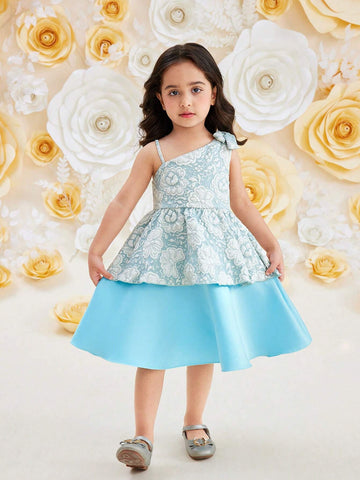 Young Girls' Asymmetrical Neckline Layered Color Block Sleeveless Summer Dress