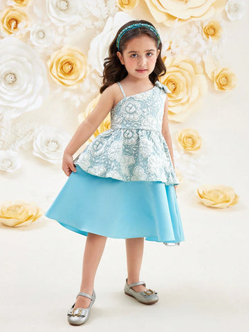 Young Girls' Asymmetrical Neckline Layered Color Block Sleeveless Summer Dress