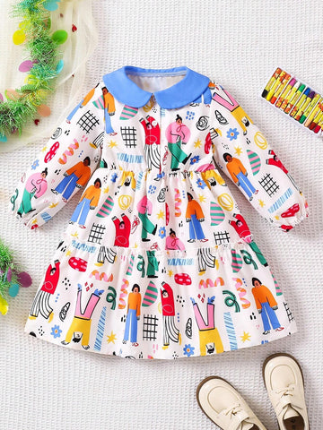 Young Girls Blue Collar Portrait Painting Pattern Colorful Fashionable Dress, Suitable For Spring & Autumn