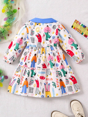 Young Girls Blue Collar Portrait Painting Pattern Colorful Fashionable Dress, Suitable For Spring & Autumn