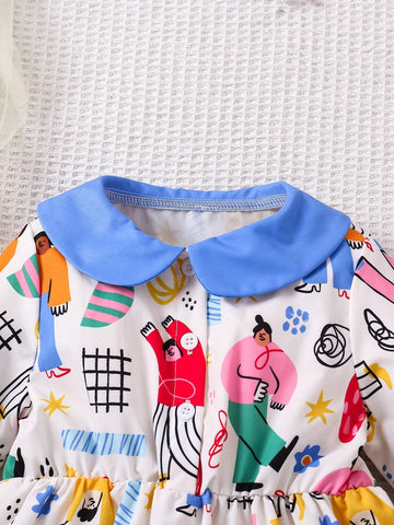 Young Girls Blue Collar Portrait Painting Pattern Colorful Fashionable Dress, Suitable For Spring & Autumn
