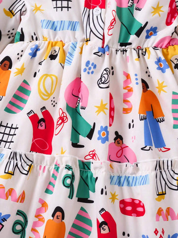 Young Girls Blue Collar Portrait Painting Pattern Colorful Fashionable Dress, Suitable For Spring & Autumn