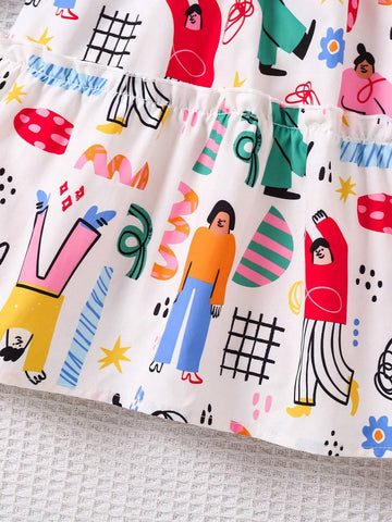 Young Girls Blue Collar Portrait Painting Pattern Colorful Fashionable Dress, Suitable For Spring & Autumn