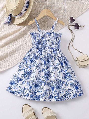 Young Girls' Bowknot Decor Flower Printed Spaghetti Strap Dress
