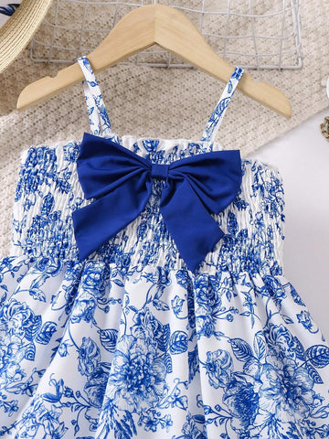 Young Girls' Bowknot Decor Flower Printed Spaghetti Strap Dress