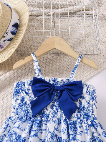 Young Girls' Bowknot Decor Flower Printed Spaghetti Strap Dress