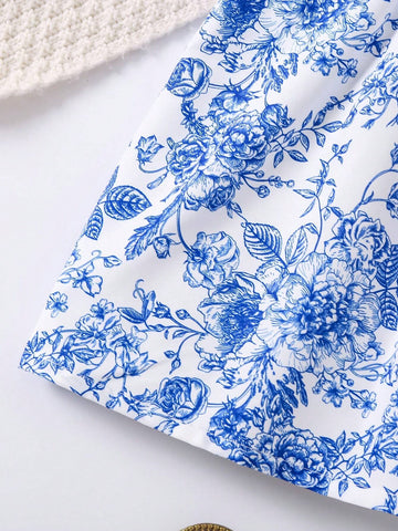 Young Girls' Bowknot Decor Flower Printed Spaghetti Strap Dress