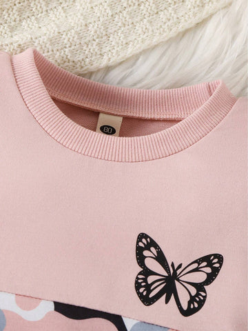 Young Girls Camo & Butterfly Pattern Crew Neck Long Sleeve Sweatshirt And Pants Set