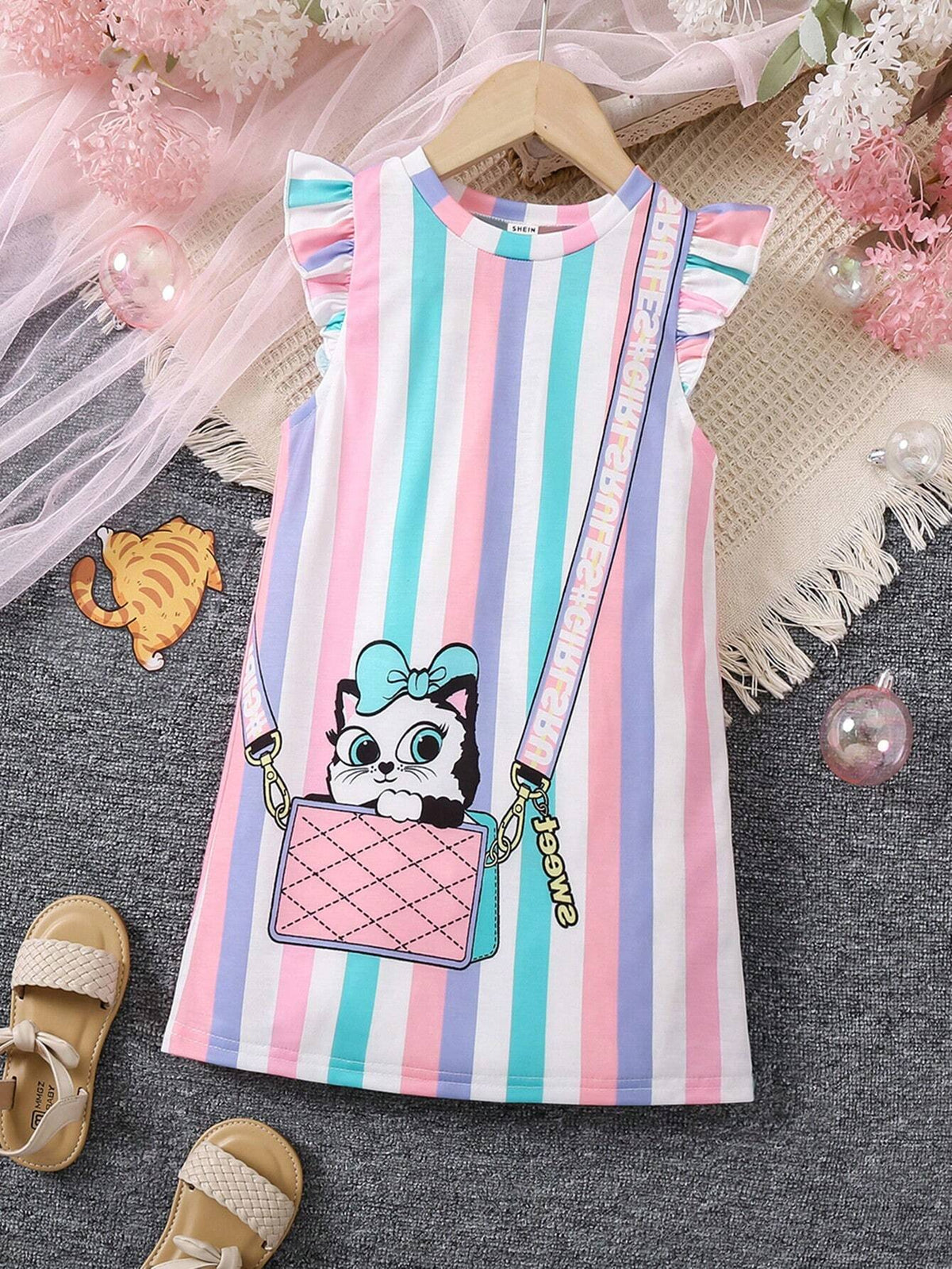 Young Girls' Cartoon & Striped Colorblock Ruffle Armhole Dress