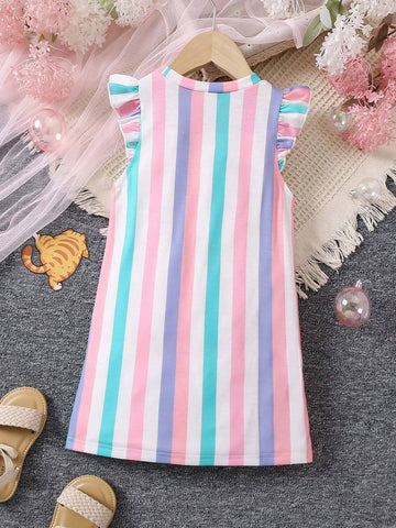 Young Girls' Cartoon & Striped Colorblock Ruffle Armhole Dress