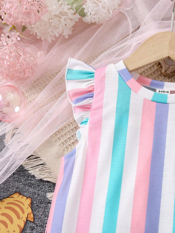 Young Girls' Cartoon & Striped Colorblock Ruffle Armhole Dress