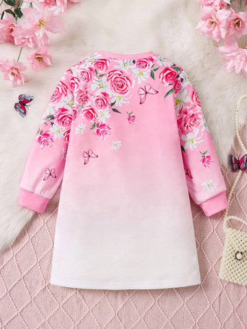 Young Girls Casual All-Match Ombre Floral Print Crew Neck Straight-Cut Sweatshirt Dress For Commuting