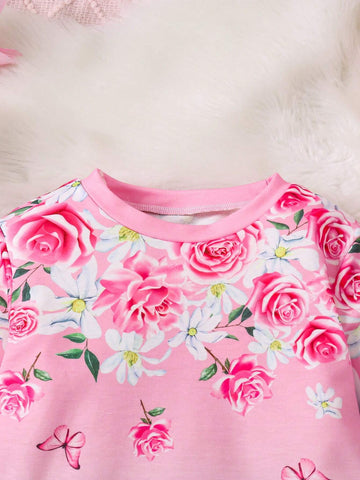 Young Girls Casual All-Match Ombre Floral Print Crew Neck Straight-Cut Sweatshirt Dress For Commuting