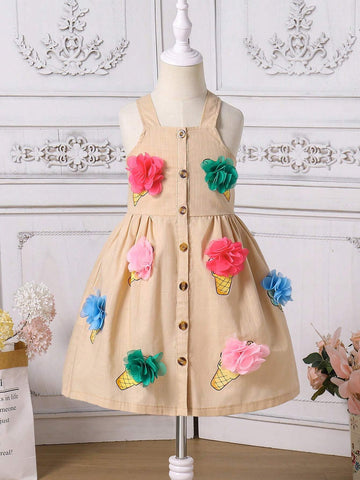 Young Girls Casual Colorful Ice Cream Graphic Sleeveless A-Line Dress, Spring Summer