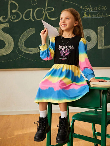Young Girls Casual Crew Neck Long Sleeve Colorful Daily Wear Dress