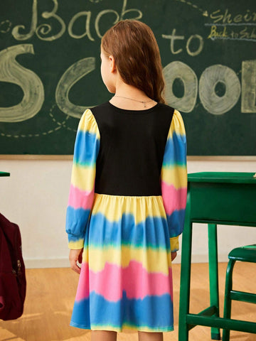 Young Girls Casual Crew Neck Long Sleeve Colorful Daily Wear Dress