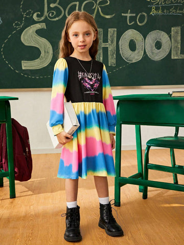 Young Girls Casual Crew Neck Long Sleeve Colorful Daily Wear Dress