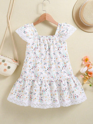 Young Girl's Casual Floral Print & Lace Splicing Sundress For Summer