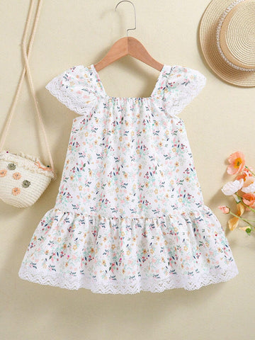 Young Girl's Casual Floral Print & Lace Splicing Sundress For Summer
