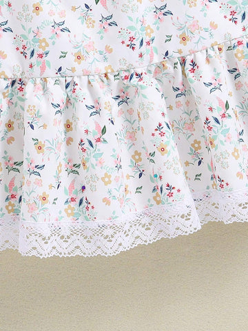 Young Girl's Casual Floral Print & Lace Splicing Sundress For Summer