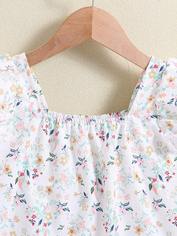 Young Girl's Casual Floral Print & Lace Splicing Sundress For Summer