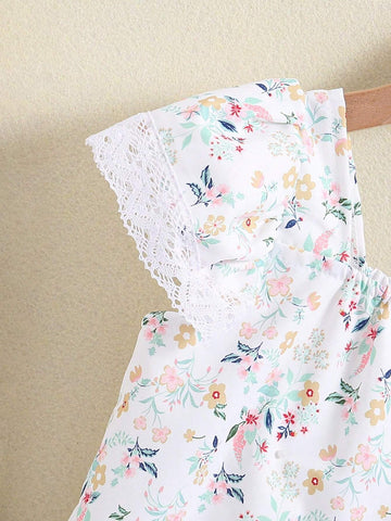Young Girl's Casual Floral Print & Lace Splicing Sundress For Summer