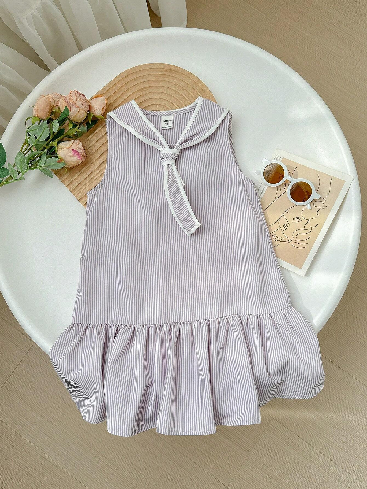 Young Girl's Casual Loose Cute Sailor Collar Striped Sleeveless Dress