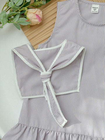 Young Girl's Casual Loose Cute Sailor Collar Striped Sleeveless Dress