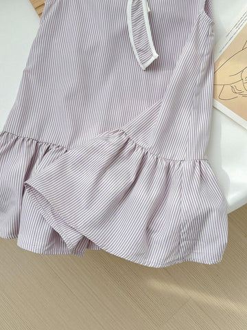 Young Girl's Casual Loose Cute Sailor Collar Striped Sleeveless Dress