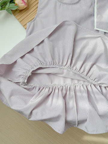 Young Girl's Casual Loose Cute Sailor Collar Striped Sleeveless Dress