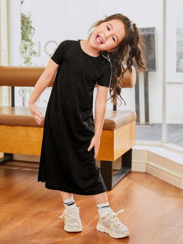Young Girls' Casual Loose Fit Patchwork Colorblock Belted Midi Dress With Round Neckline