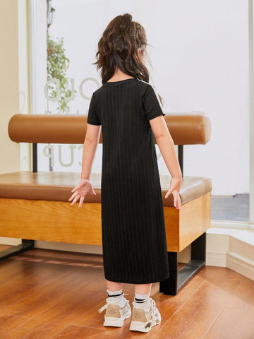 Young Girls' Casual Loose Fit Patchwork Colorblock Belted Midi Dress With Round Neckline