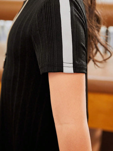 Young Girls' Casual Loose Fit Patchwork Colorblock Belted Midi Dress With Round Neckline