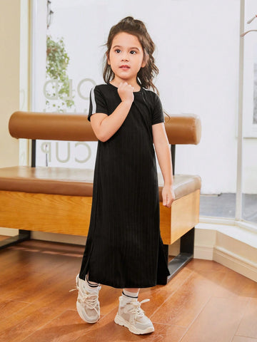 Young Girls' Casual Loose Fit Patchwork Colorblock Belted Midi Dress With Round Neckline